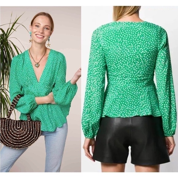 RIXO Silk Ditsy Floral Puff Long Sleeve V-Neck Empire Waist Ruffle Peplum Top XS - Picture 5 of 13